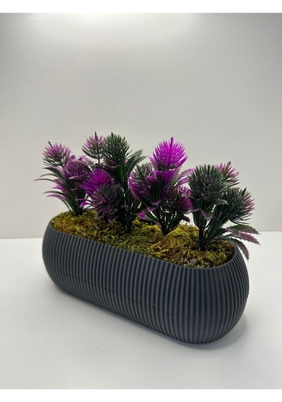 Uzun Gri Saksıda Yapay Çiçek Yeşil Iğneli Çam Demeti Dekoratif Mutfak Banyo Masa Çiçeği 21x9x7 Cm - Fuşya