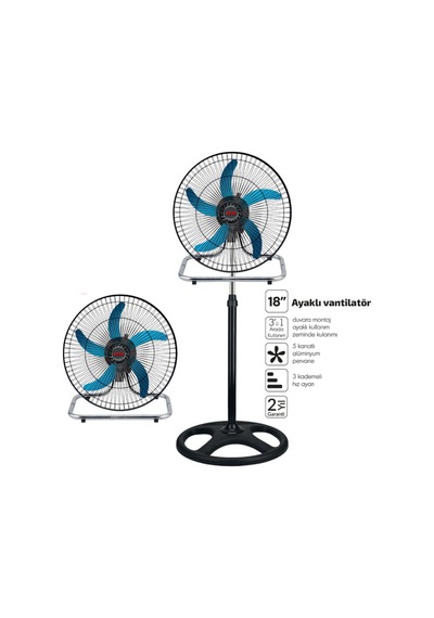 Sanayi Tipi Ayaklı Vantilatör - 5 Metal Kanatlı - 18 İnç 46 Cm Sarı