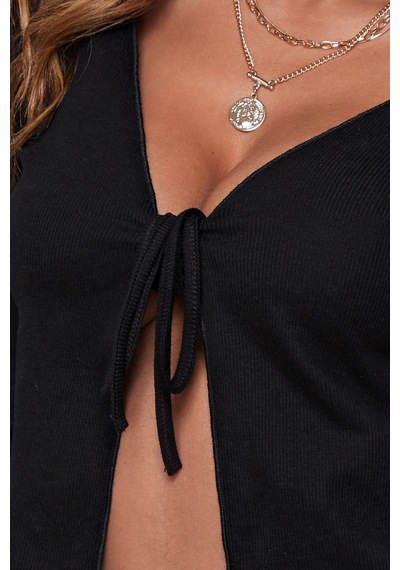 Fantezia Night Kadın Beyaz Uzun Kollu Önden Bağlama Detaylı Crop Top Bluz siyah