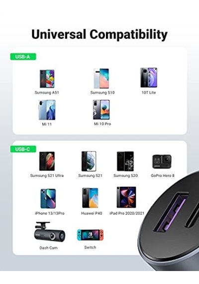 Ayrex Ugreen 52.5 W Çift Port Usb C-usb A Pd-qc Hızlı Araç Şarj Cihazı