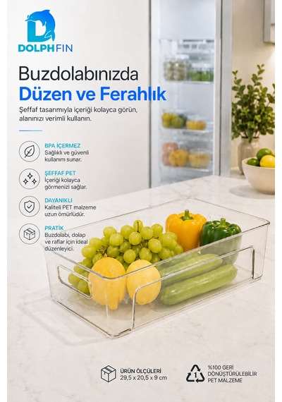 Şeffaf Pet Buzdolabı Organizeri Büyük Kulplu Düzenleyici Kutu 29,5x20,5x9 Cm