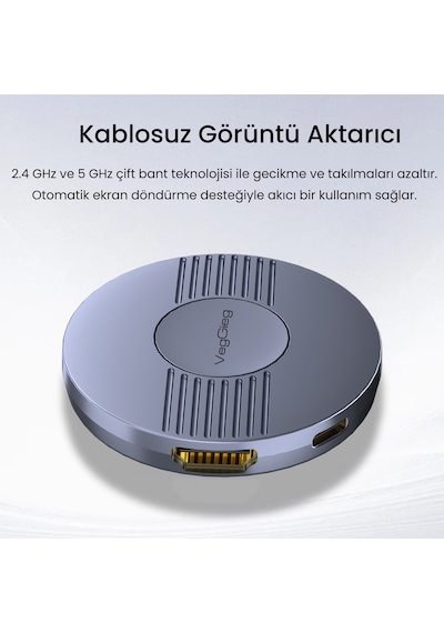 Veggieg 1080p 60hz Kablosuz Hdmı Görüntü Ve Ses Aktarıcı Telefon Tv Yansıtma Cihazı 2.4ghz & 5ghz Wireless Display Adaptör
