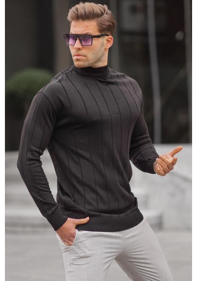 Madmext Siyah Slim Fit Yarım Balıkçı Yaka Çizgili Tüylenmeyen Erkek Triko Kazak 6344 Siyah