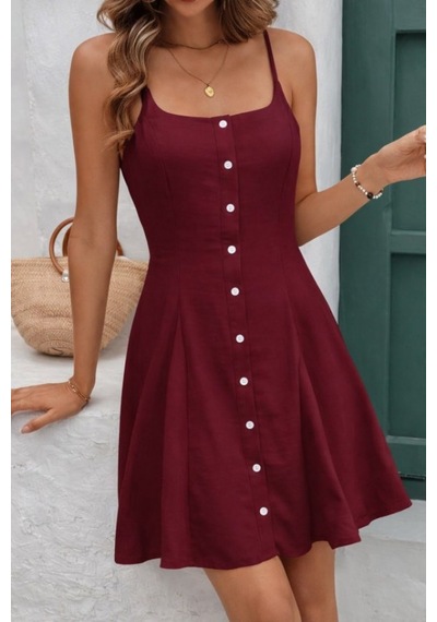 Efnaz Style Kadın Ip Askılı Önden Düğmeli Bağcıklı Kısa Elbise Kırmızı