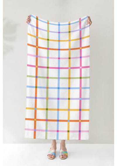 Ekose Çizgili Renkli Modern Plaj Havlusu - Minimalist Pastel Kareli Hızlı Kuruyan Mikrofiber Havlu Çok Renkli