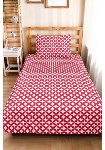 Kırmızı Geometrik Modern Pike Takımı-beyaz Retro Çember Motifli Tek Kişilik Yatak Örtüsü 160x220 Cm Bohem Bozkır Kırığı