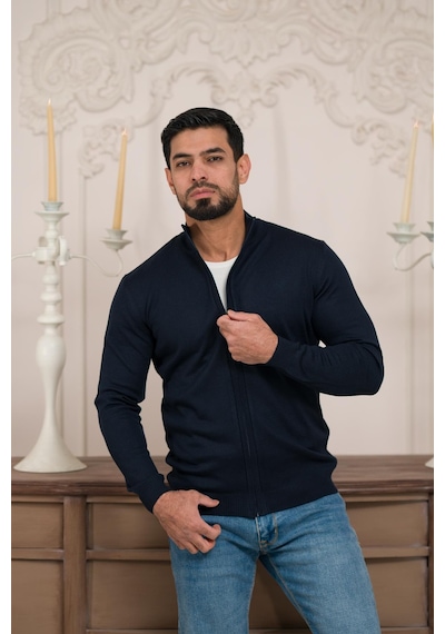 Woolen World Regular Fit Dik Yaka İnce Baharlık Triko Hırka Lacivert