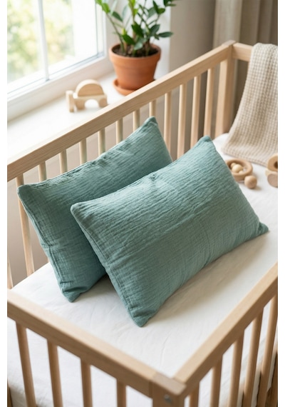Çift Katlı Müslin Çocuk Yastık Kılıfı %100 Pamuk 35x45 cm 2’li Bebek Çocuk Kılıf Seti Yeşil
