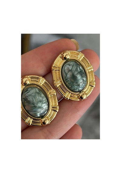 Vintage Model Gold Çerçeveli Sedefli Küpe Altın