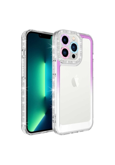 Apple iPhone 14 Pro Max Uyumlu Simli Ve Renk Geçiş Tasarımlı L Korumalı Mor-beyaz Mor-beyaz