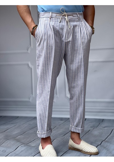 Modefendi Linen Kumaş Çizgi Detaylı Pantolon Mavi
