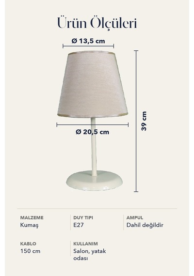 Şenay Aydınlatma Metal Ayaklı Konik Kumaş Abajur Masa Lambası 13,5 cm Bej