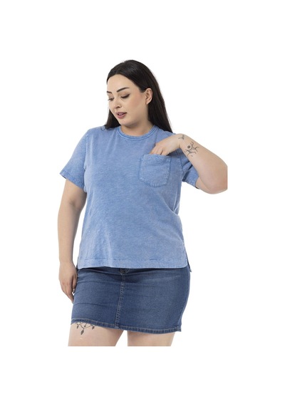 Disentis Büyük Beden Parça Boyalı Bisiklet Yaka Kavisli Yırtmaçlı Mavi T-shirt-mavi Mavi