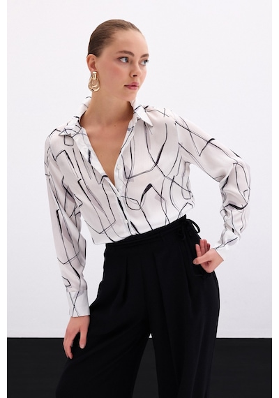 Sateen Yırtmaç Detaylı Gömlek - Ekru-136103 Ekru
