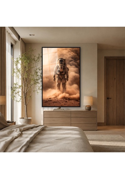 Toz Fırtınasında Astronot Siyah Çerçeveli Cam Tablo