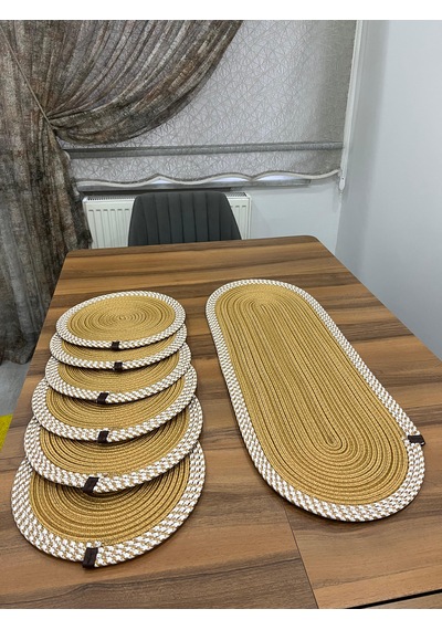 Senza Atelier 7 Parça Jüt Amerikan Servis Seti - Beyaz Bordürlü Runner Ve 6 Adet Supla Takımı Gold
