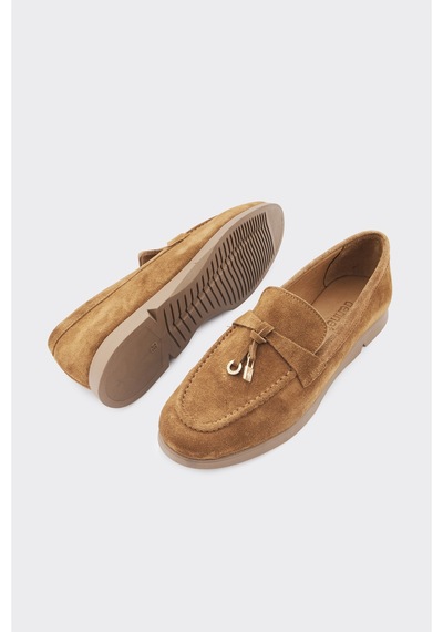 Derinet Hakiki Deri Püsküllü Kadın Loafer Taba Süet Taba Süet