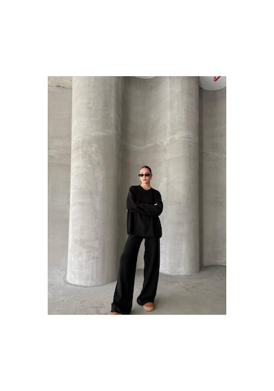 De Pose Oversize Kesim Sade Kadın Triko Takım Siyah