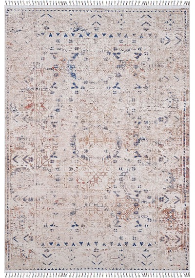 Bej Mavi Turuncu Modern Vintage Halı - 5042ou Bej - Mavi