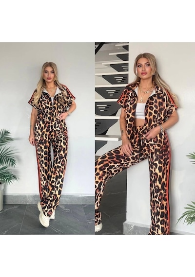 Defymoda Kadın Dalgıç Kumaş Dijital Leopar Baskılı Şerit Detaylı Takım Leopar