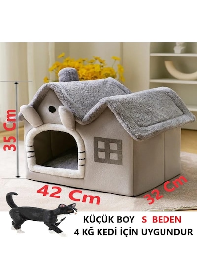 Kedi Evi Yumuşak Kedi Yatağı Derin Uyku Ve Kış Evi Çıkarılabilir Minder -villa 1adet Gri Küçük Boy