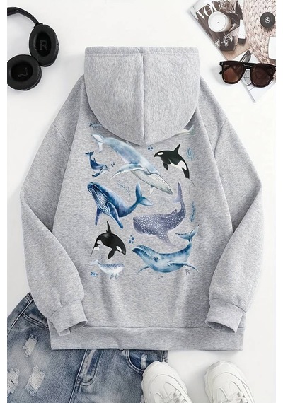 Whales Baskılı Oversize Sweatshirt Gri