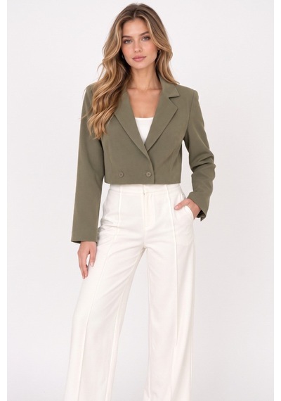 Saade Haki Kadın Regular Fit Kruvaze Kapama Dokuma Crop Blazer Ceket -şık & Spor