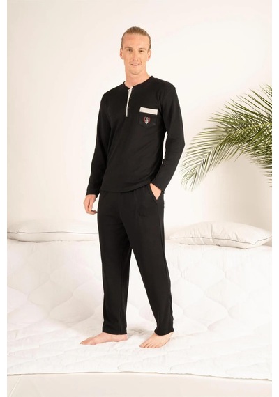 Estiva Gd Goldoremi 23403 Erkek Kışlık Yuvarlak Yaka Cepli Pamuklu Pijama Takımı Siyah