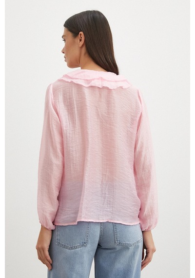 Never More Önü Fırfırlı V Yaka Bluz Pembe