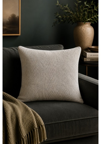 Dokulu Jakarlı Kırlent Kılıfı 43x43 Cm Gri Bej Gold Dekoratif Sarı