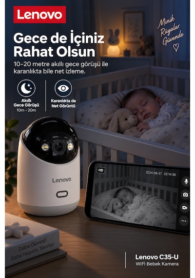Lenovo Ev Kamerası 3'lü Set 2k 3mp, Wifi, Sesli, 360 Ptz, Mobil Kontrol, Hareket Takip, Iç Mekan Kamera Lnv35cset