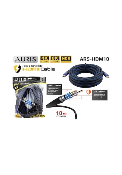 Auris Hdm10 Hdmı To Hdmı 2.1 Kablo 8k Uhd 60hz Örgü 10m