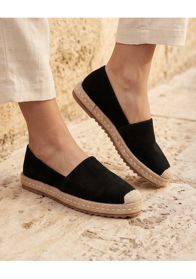 Futsishoes Lucıa Siyah Hakiki Süet Deri Dikiş Detaylı Kadın Espadril