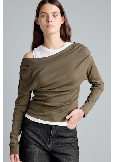 Defacto %100 Pamuk Slim Fit Tek Omuzlu Drape Detaylı Ribana Uzun Kollu Basic Tişört I2636ax26aukh447 Haki-kh447