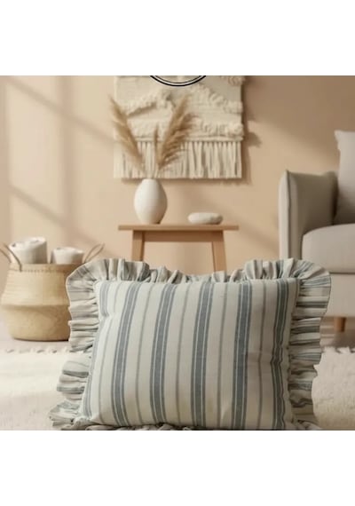 Premium Keten Gri Kalın Çizgili Fırfırlı Kırlent 2 Adet Kırlent Kılıfı 43 X 43