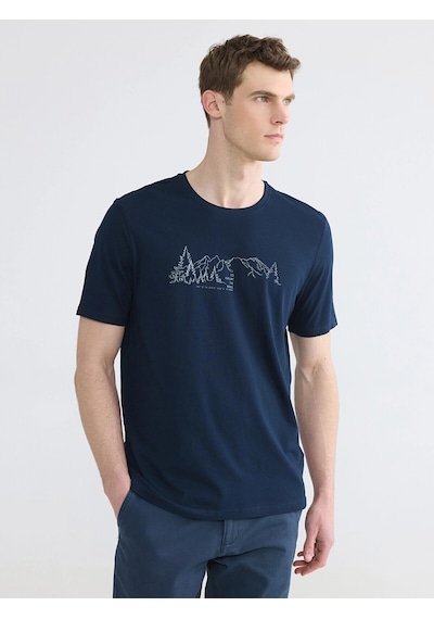 LC Waikiki Lcwaıkıkı Classic Lacivert Bisiklet Yaka Baskılı Erkek Tişört New Navy