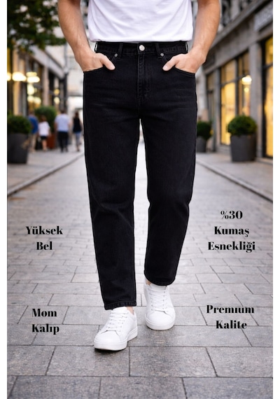 Cedy Denim Dar Paça Erkek Yüksek Bel Kot Pantolon - Salaş Mom Jean C333 Siyah