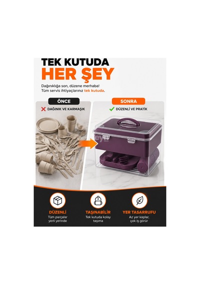 6 Kişilik 33 Parça Piknik Seti Saklama Kutulu Bpa Free Kamp Ve Seyahat Yemek Seti Mor
