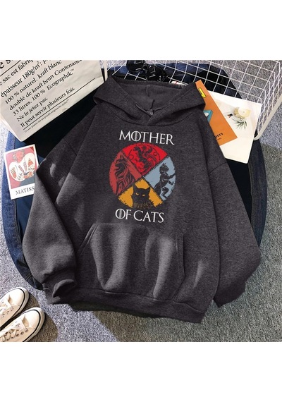 Startmore Tarzsokak Kedi Aile Kedilerin Annesi Baskılı Eşofman Kadın Yenilik Moda Hoody Spor Gevşek Büyük Boy Hoo Antrasit