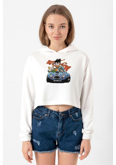 Dragon Ball Z Anime Goku Racer Ekru Kadın Crop Kapşonlu 001