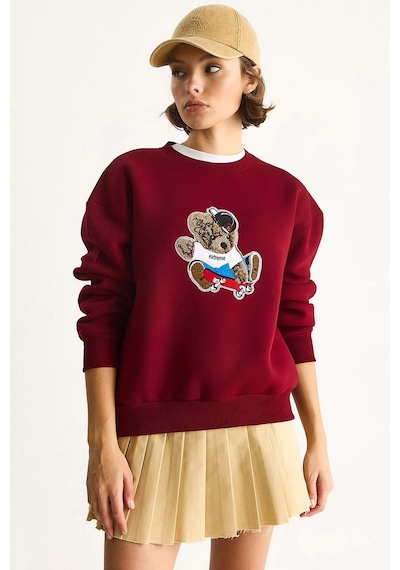 Shade Kadın Teddy Nakış İşlemeli Bisiklet Yaka Salaş Sweatshirt 6864 60283522 - Bordo