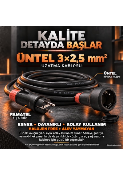 Üntel 3 2,5 Mm² Kauçuk Endüstriyel Ve Araç Şarj Uzatma Kablosu Famatel Fiş Prizli, Yüksüklü Bağlantı, 20 Metre