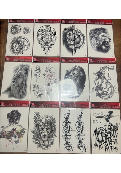 Airbrush Tattoo Büyük Boy Yapıştırma Geçici Dövme Seti 12'li Seri8