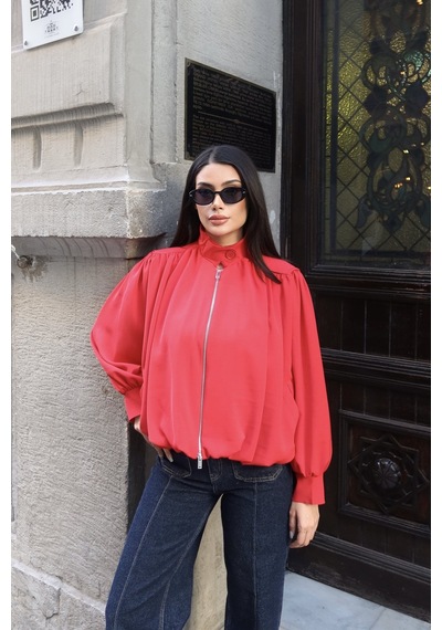Kechi Woman Linda Twill Kumaş Çift Fermuarlı Astarlı Ceket Kırmızı