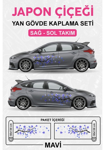 Japon Çiçeği Sakura - Yan Gövde Sticker Seti Kaplama Mavi - 864812520