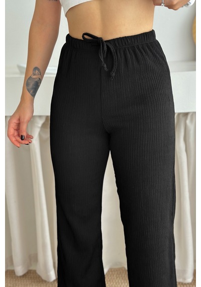 Kadın Bol Paça Sardonlu Kalın Pantolon Kışa Özel & Konforlu Stil Siyah