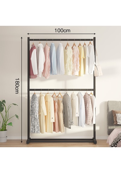 Vusıgn 2 Katlı Karbon Çelik Elbise Askısı Metal Kıyafet Askılığı 100x180 Cm Ahşap Rengi
