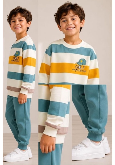 Pina Kids Erkek Çocuk Çizgili Desenli Okul Günlük Eşofman Takımı Esf7036 Mint