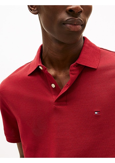 Tommy Hilfiger Erkek Dokuma Polo Yaka Kısa Kol Günlük Kırmızı T-shirt-15569 Regatta Red