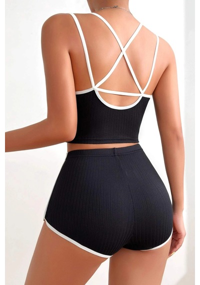 Ang Butik Kadın Siyah Beyaz Çapraz Lastik Detaylı Kaşkorse Şortlu Gecelik Takımı